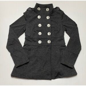 XOXO Womens Sz S Peacoat Gray Heathered Double Breasted Stretch Mock Neck Lined